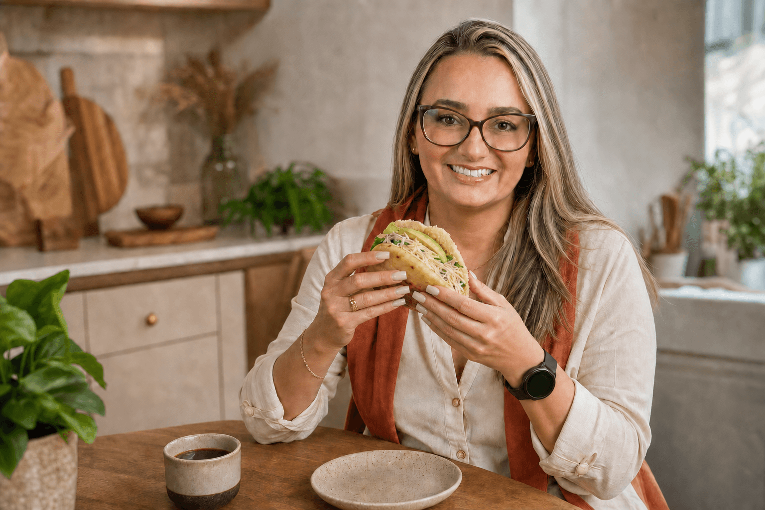Eili Sierra holding a Venezuelan arepa in a warm kitchen